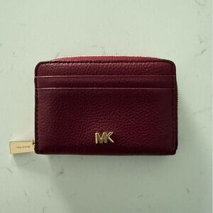 Michael Kors Deep Wine Leather Card Holder with Gold MK Accent